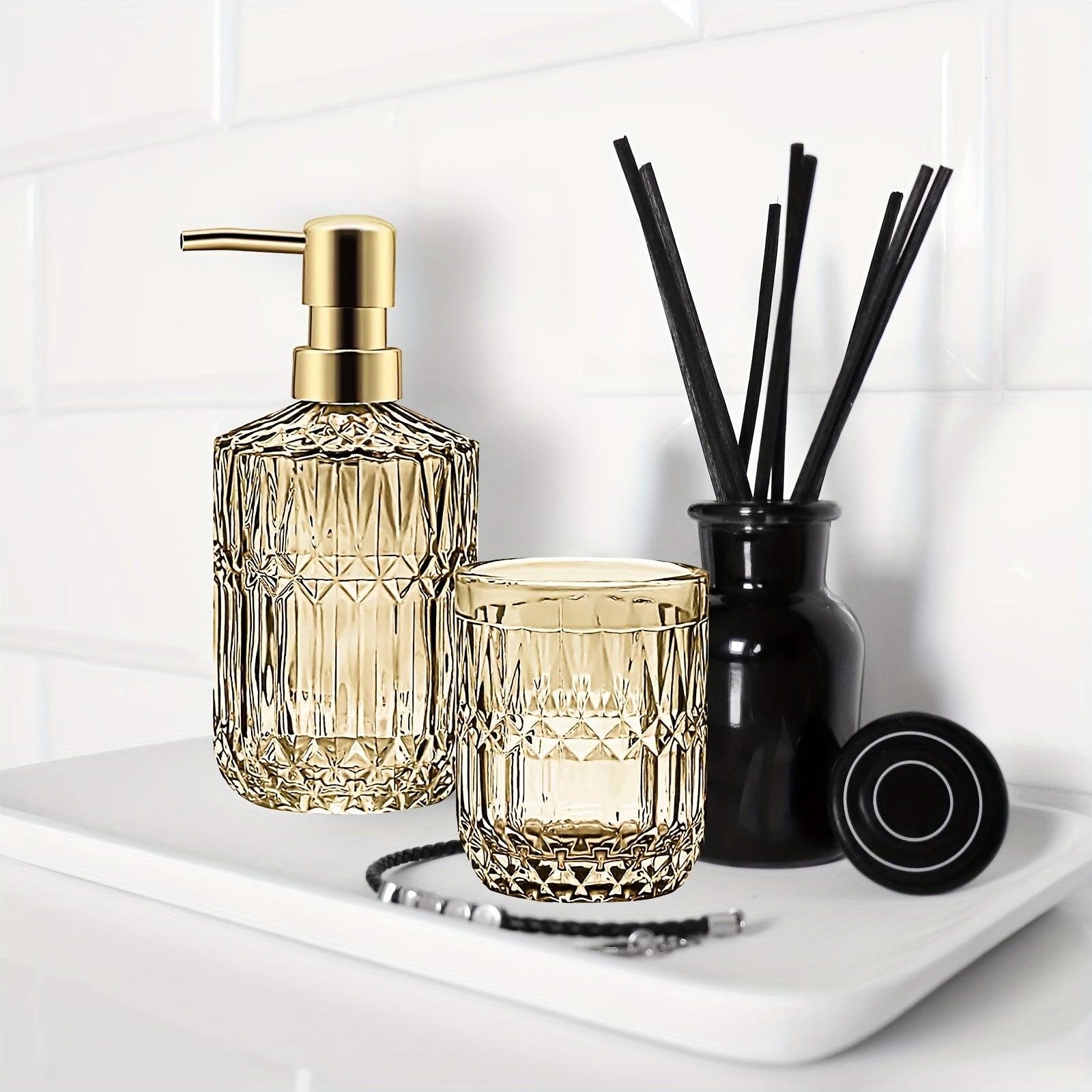 5pcs/set Light Luxury Bathroom Accessory Set, Tumbler, Cotton Swab Jars, Soap Dish, Soap Dispenser And Toothbrush Holder Set, Retro-Modern Bathroom Decor Sets, Great Gift Set For Holiday