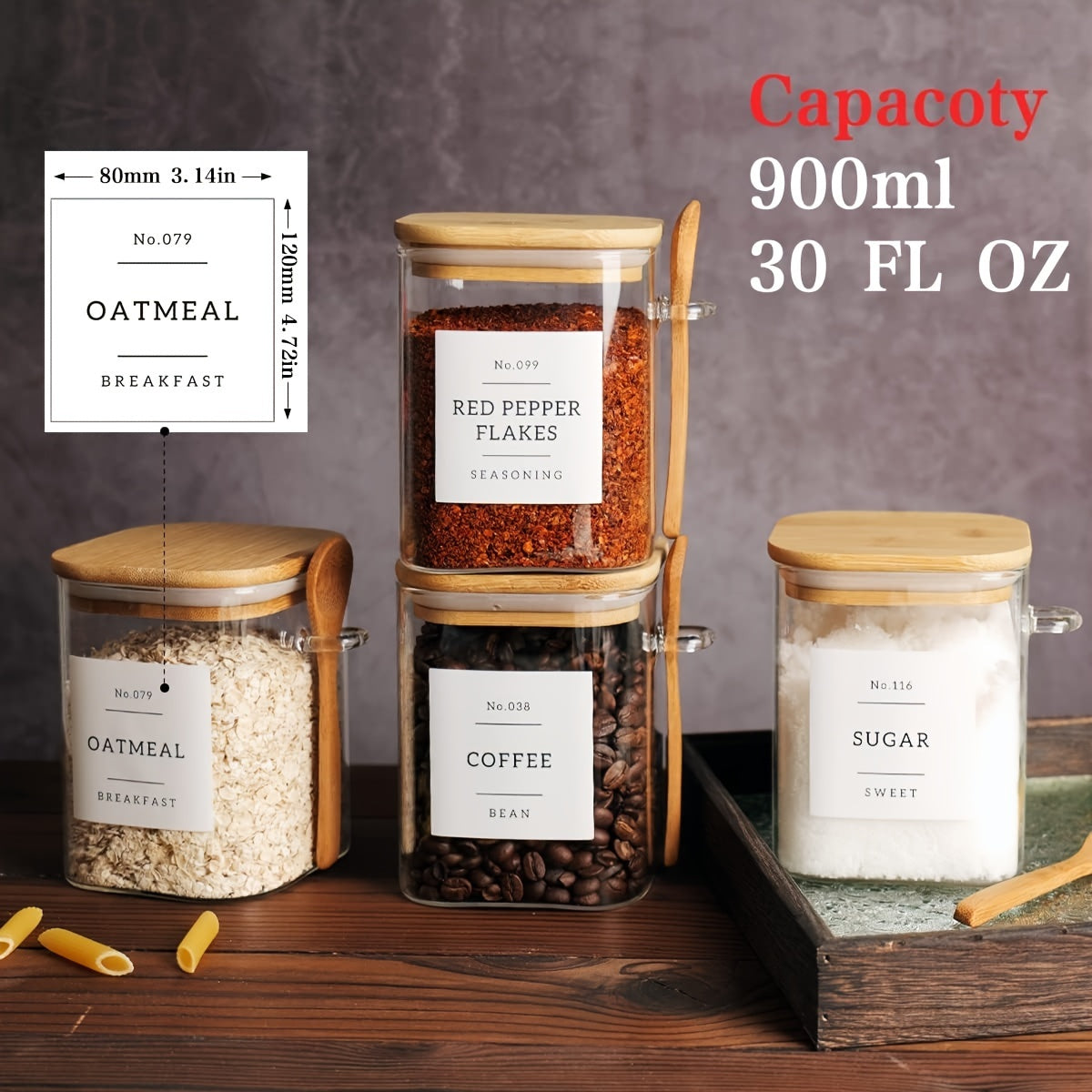 4 piece Square Glass Jar With Bamboo Lid And Spoon