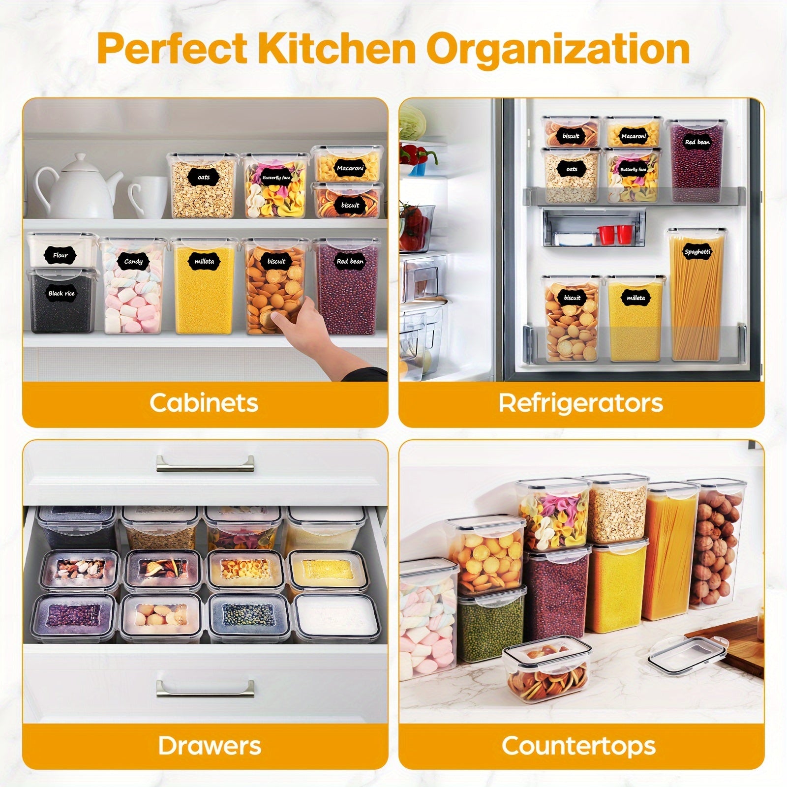 Airtight Food Storage Containers Set of 16, Plastic Cereal Storage Containers with Lids, BPA Free, Kitchen and Pantry Organization for Dry Food, Pasta, Flour & Sugar, with Labels, Marker & Spoon