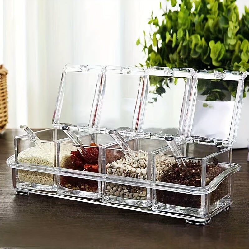 4-Grid Transparent Condiment Set with Spoons