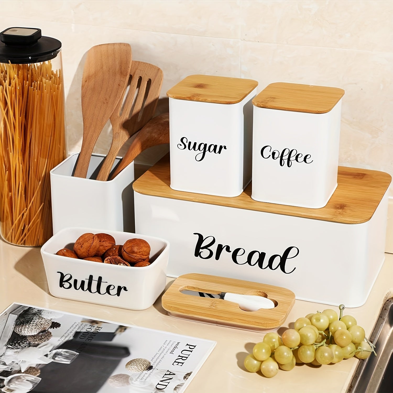 Metal Bread Box And Ceramic Butter Dish with 3 Airtight Kitchen Canisters Farmhouse Storage Canister Set for Kitchen with Bamboo Cutting Board Lid And Stainless Steel Butter Knife (White)