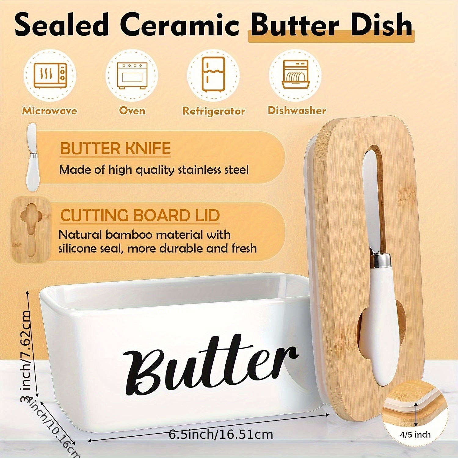 Metal Bread Box And Ceramic Butter Dish with 3 Airtight Kitchen Canisters Farmhouse Storage Canister Set for Kitchen with Bamboo Cutting Board Lid And Stainless Steel Butter Knife (White)