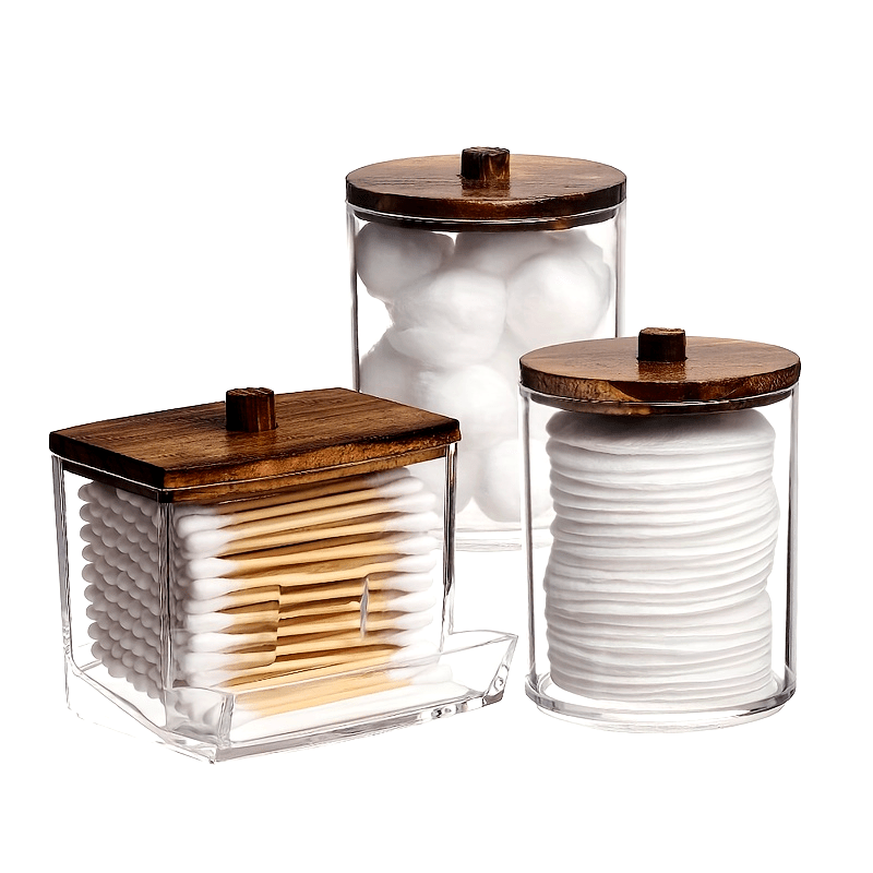 1/3pcs 10/7 OZ Swabs Dispenser - Swabs Holder Bathroom Container With Apothecary Jar Organizer - Brown Wood Lids For Easy Storage