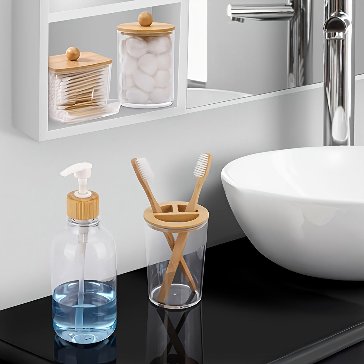 4pcs Bamboo Bathroom Accessory Set, Plastic Bath Soap Dispenser, Toothbrush Holder, Ball & Pad Organizer, Boho Style Countertop Decor Kit