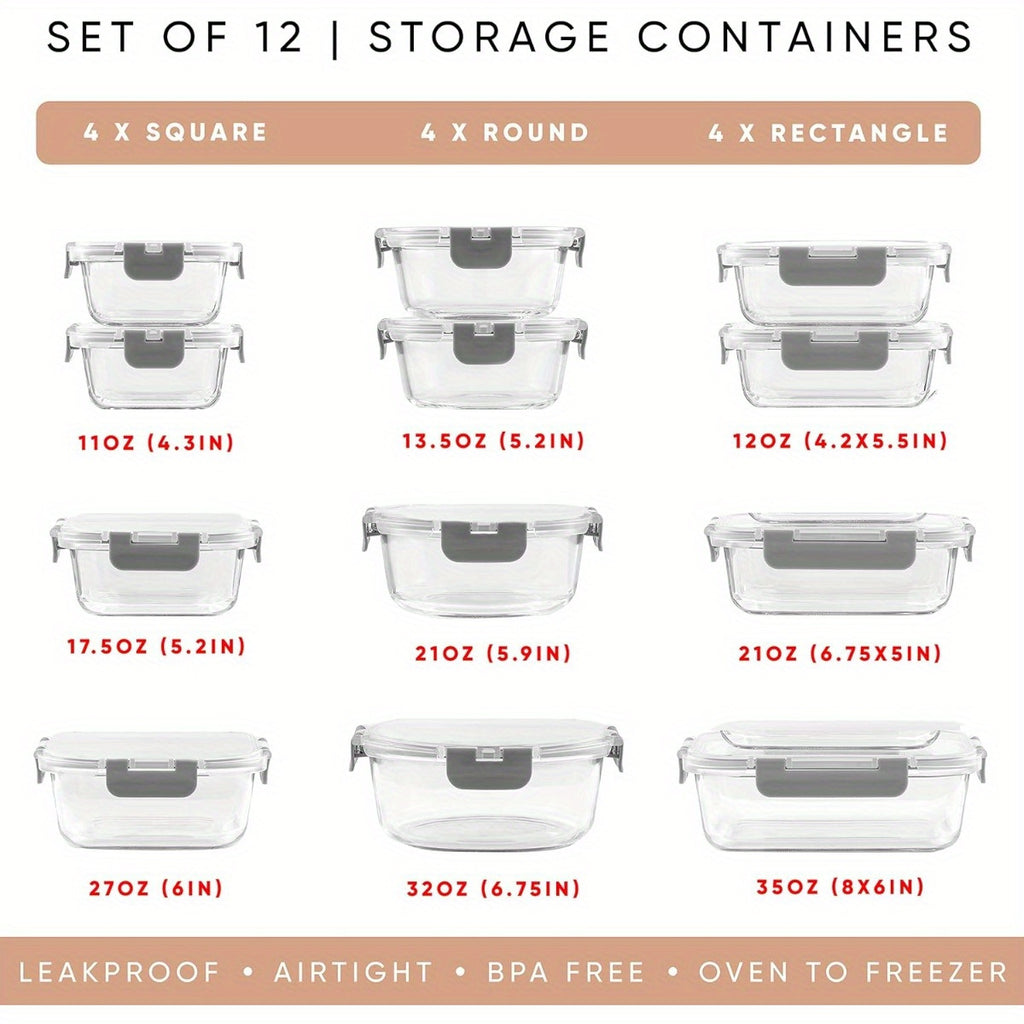 24pc Borosilicate Glass Storage Containers with Lids
