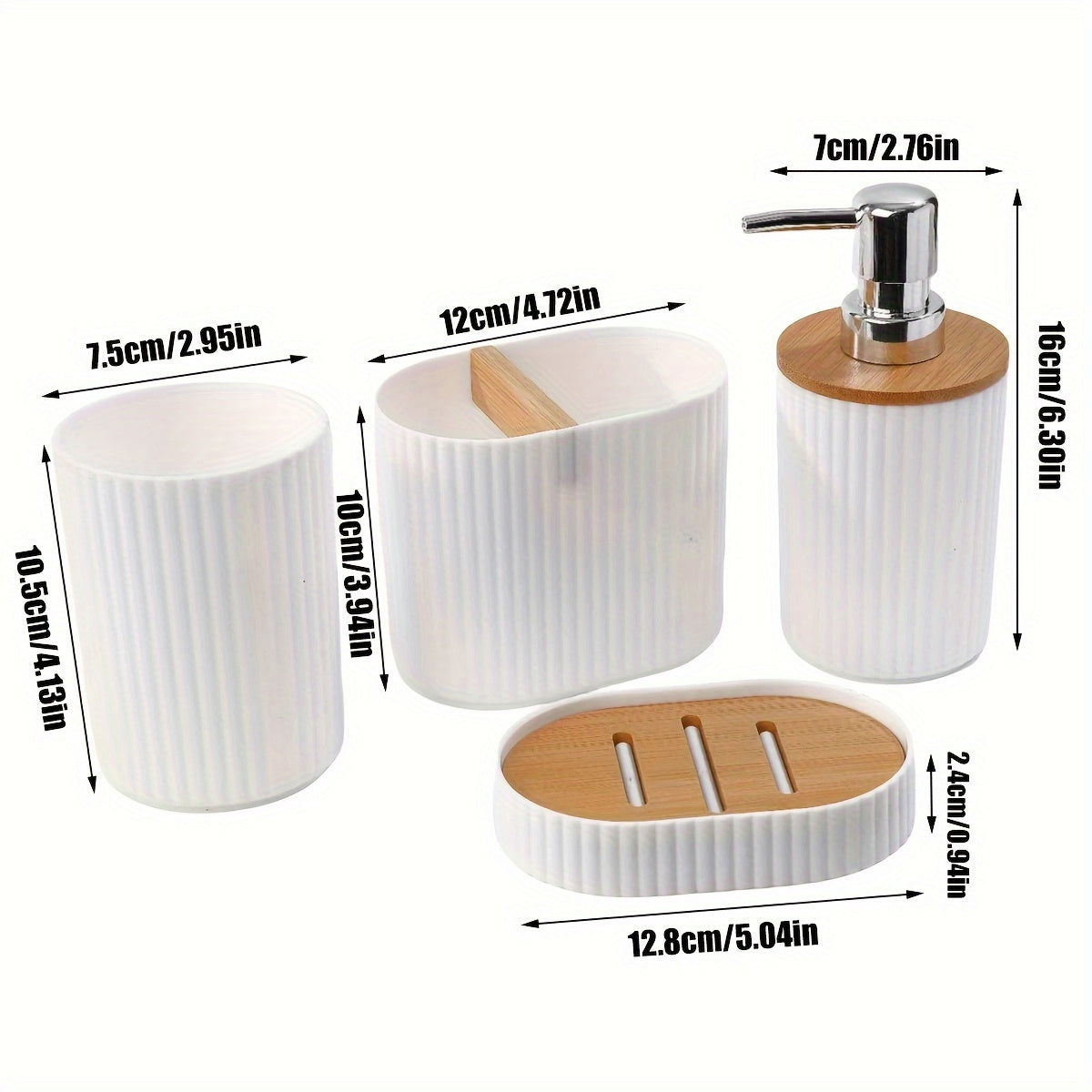 4pc Luxury Bathroom Accessory Set - Stylish Black/White with Bamboo Accents - Includes Sleek Soap Dispenser, Durable Dish, Chic Mouthwash Cup, & Organized Toothbrush Holder