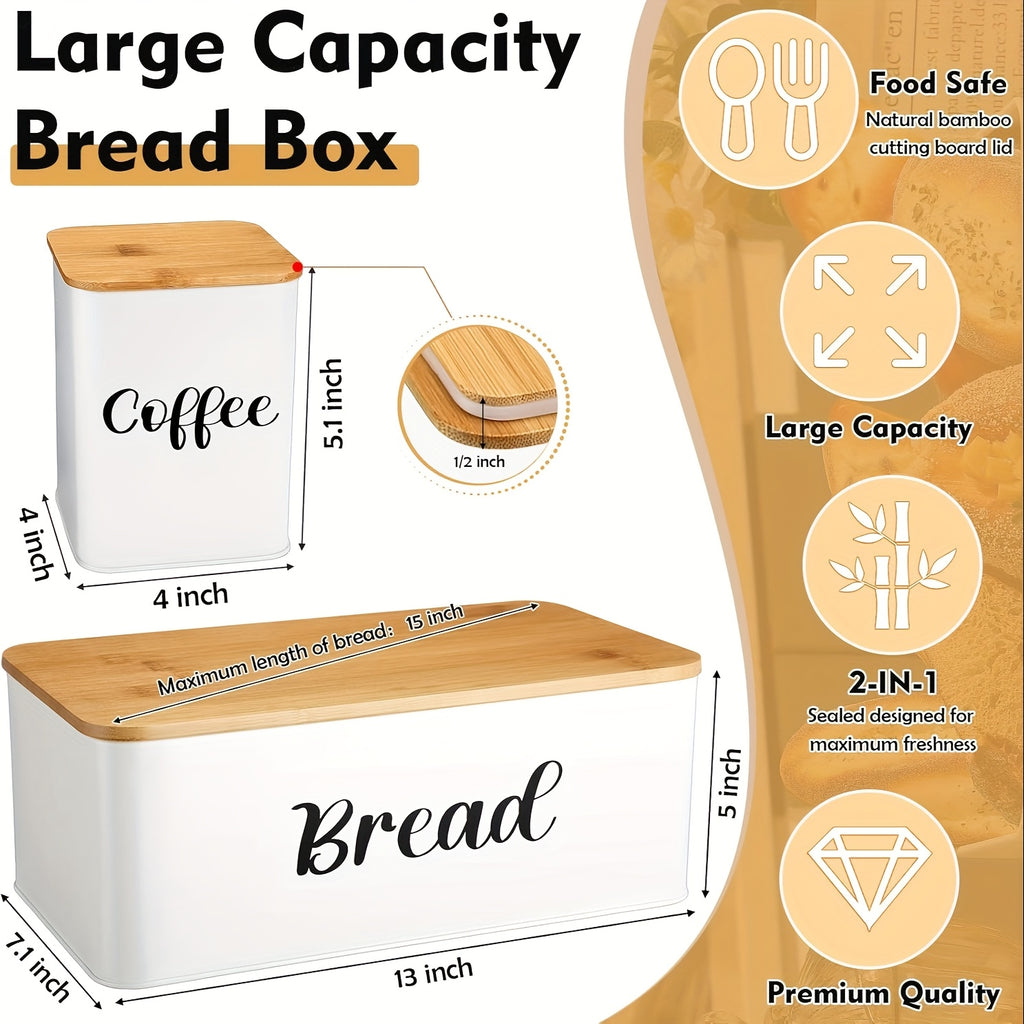 Metal Bread Box And Ceramic Butter Dish with 3 Airtight Kitchen Canisters Farmhouse Storage Canister Set for Kitchen with Bamboo Cutting Board Lid And Stainless Steel Butter Knife (White)