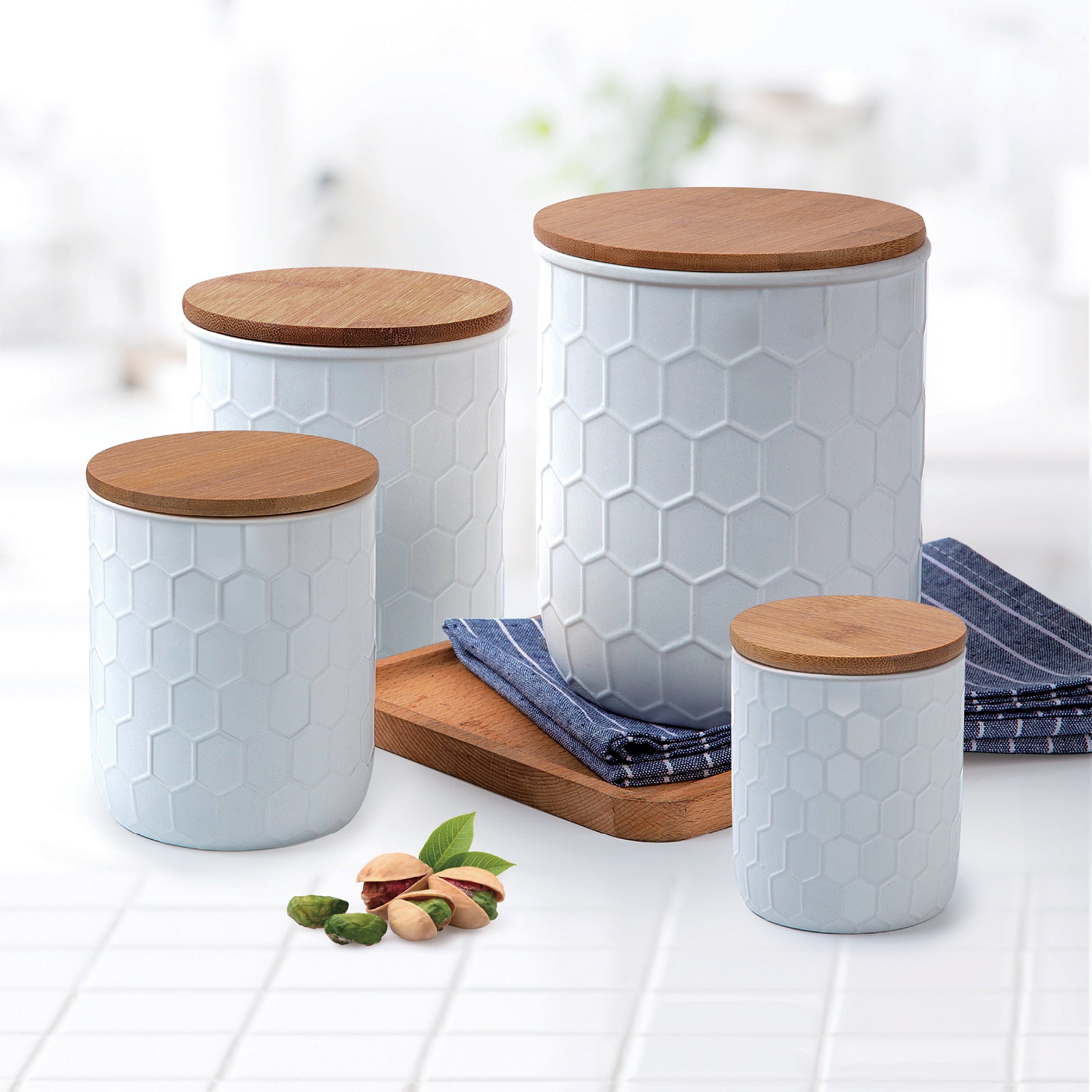 4 Pc Kitchen Ceramic Canister Set with air tight bamboo lid