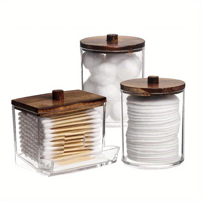1/3pcs 10/7 OZ Swabs Dispenser - Swabs Holder Bathroom Container With Apothecary Jar Organizer - Brown Wood Lids For Easy Storage