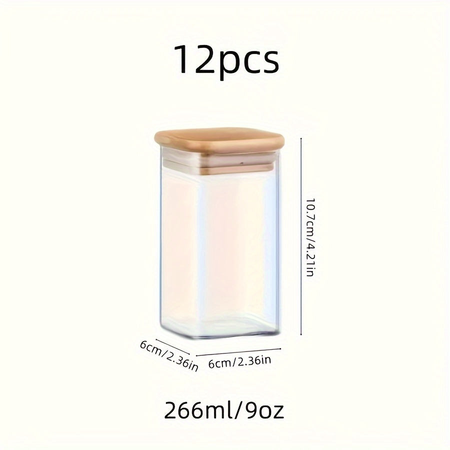 12pcs Square Glass Spice Jars with Bamboo Lids