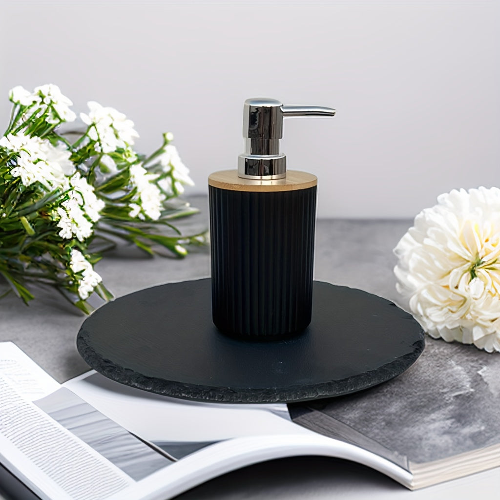 4pc Luxury Bathroom Accessory Set - Stylish Black/White with Bamboo Accents - Includes Sleek Soap Dispenser, Durable Dish, Chic Mouthwash Cup, & Organized Toothbrush Holder