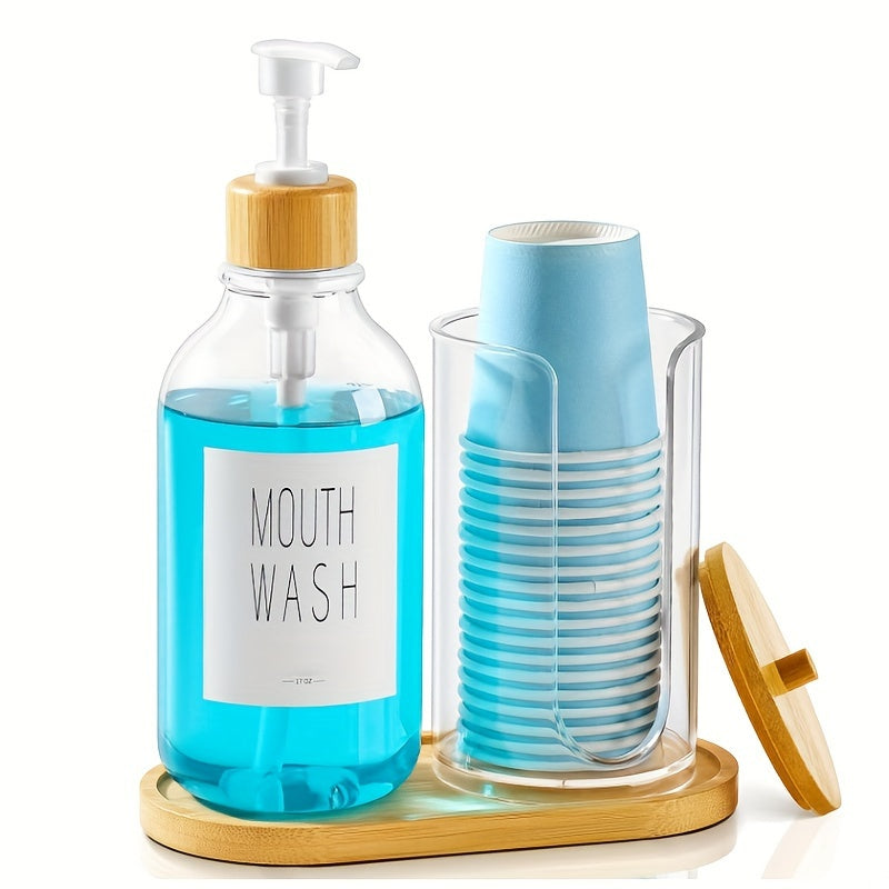 Mouthwash Dispenser For Bathroom, Mouth Wash Pump Bottle With Paper Cup Holder, 17Oz Refillable White Mouthwash Container With Bamboo Lid/Tray/Label