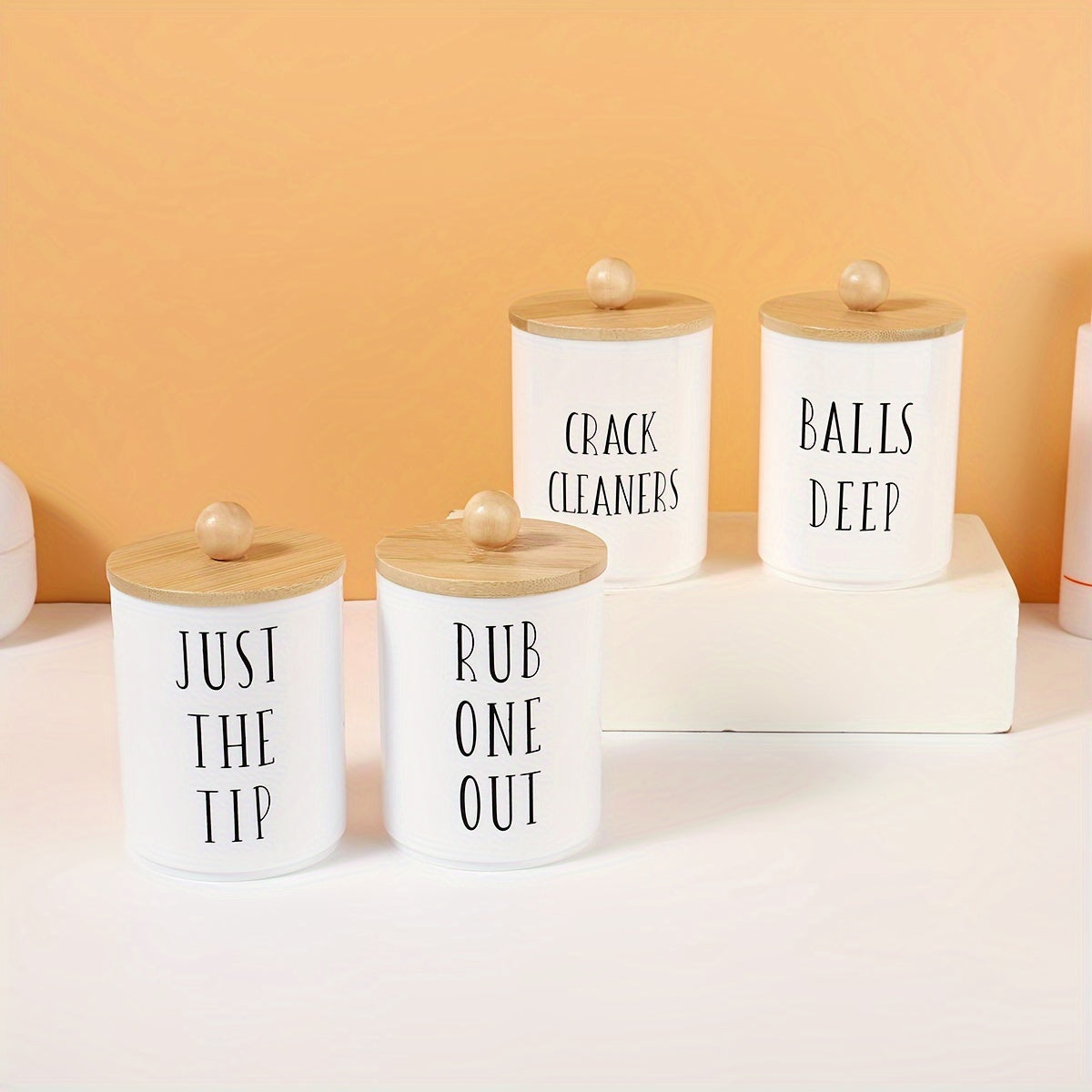 [4pcs Boho Chic Swab Holder Set] 4pcs Boho Chic Swab Holder Set with Lids - 10oz White Plastic Canisters for Bathroom Organization, Perfect for Swabs, Balls, Pads & Floss, Storage Accessories, Vanity Essential Containers