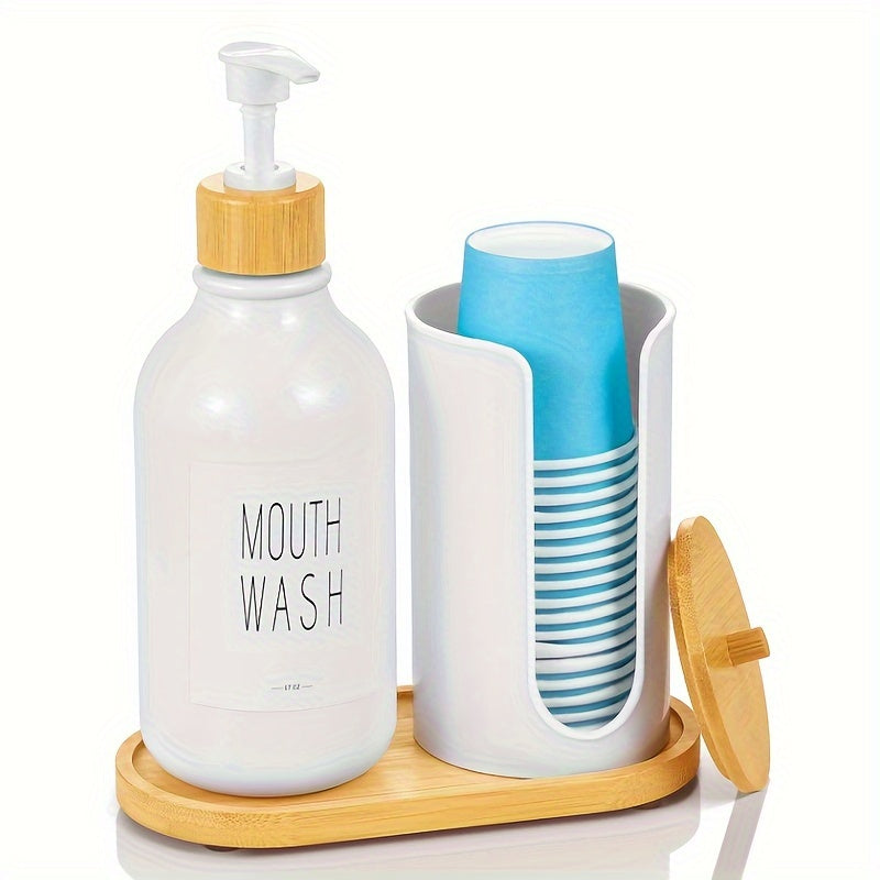 Mouthwash Dispenser For Bathroom, Mouth Wash Pump Bottle With Paper Cup Holder, 17Oz Refillable White Mouthwash Container With Bamboo Lid/Tray/Label