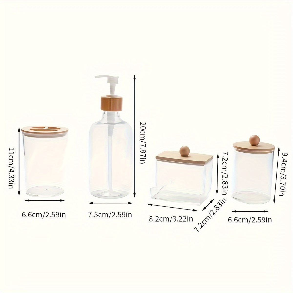 4pcs Bamboo Bathroom Accessory Set, Plastic Bath Soap Dispenser, Toothbrush Holder, Ball & Pad Organizer, Boho Style Countertop Decor Kit