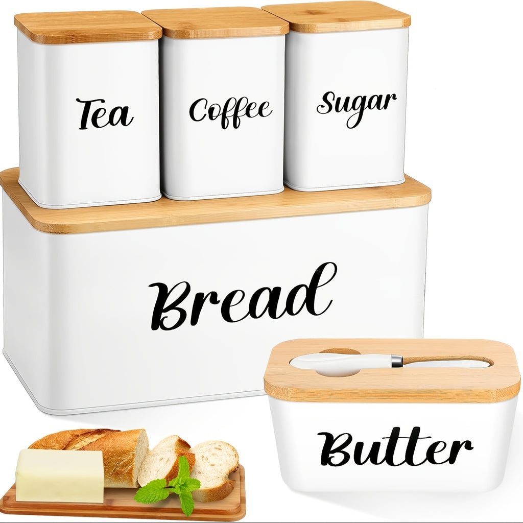 Metal Bread Box And Ceramic Butter Dish with 3 Airtight Kitchen Canisters Farmhouse Storage Canister Set for Kitchen with Bamboo Cutting Board Lid And Stainless Steel Butter Knife (White)