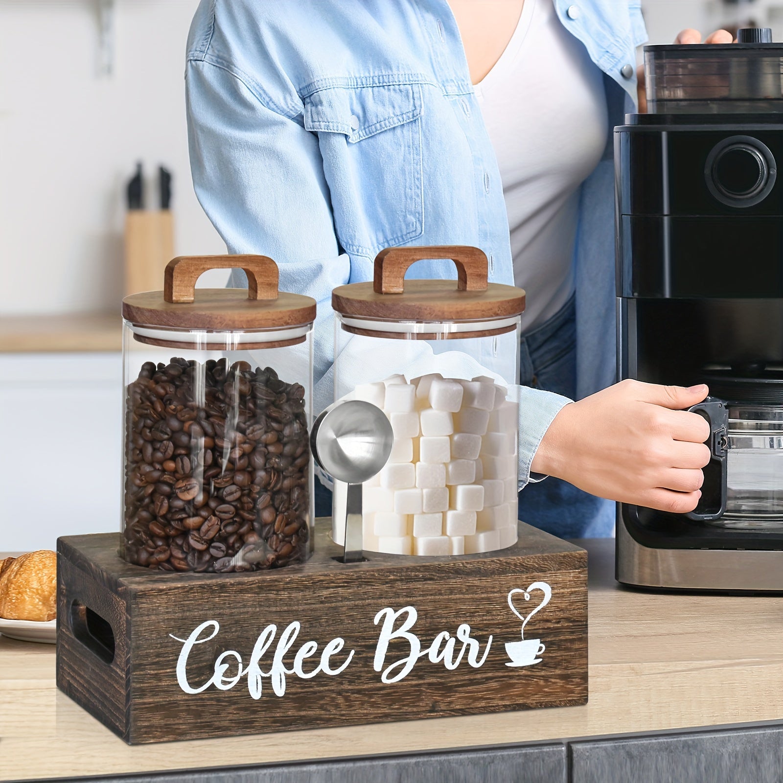 Glass Storage Jars with Spoon, Glass Coffee Bean Storage Containers, Airtight Sealed Jar Canisters Bamboo Lids with Scoop for Coffee Bean, Ground Coffee, Brown Sugar, Nuts, Loose Tea