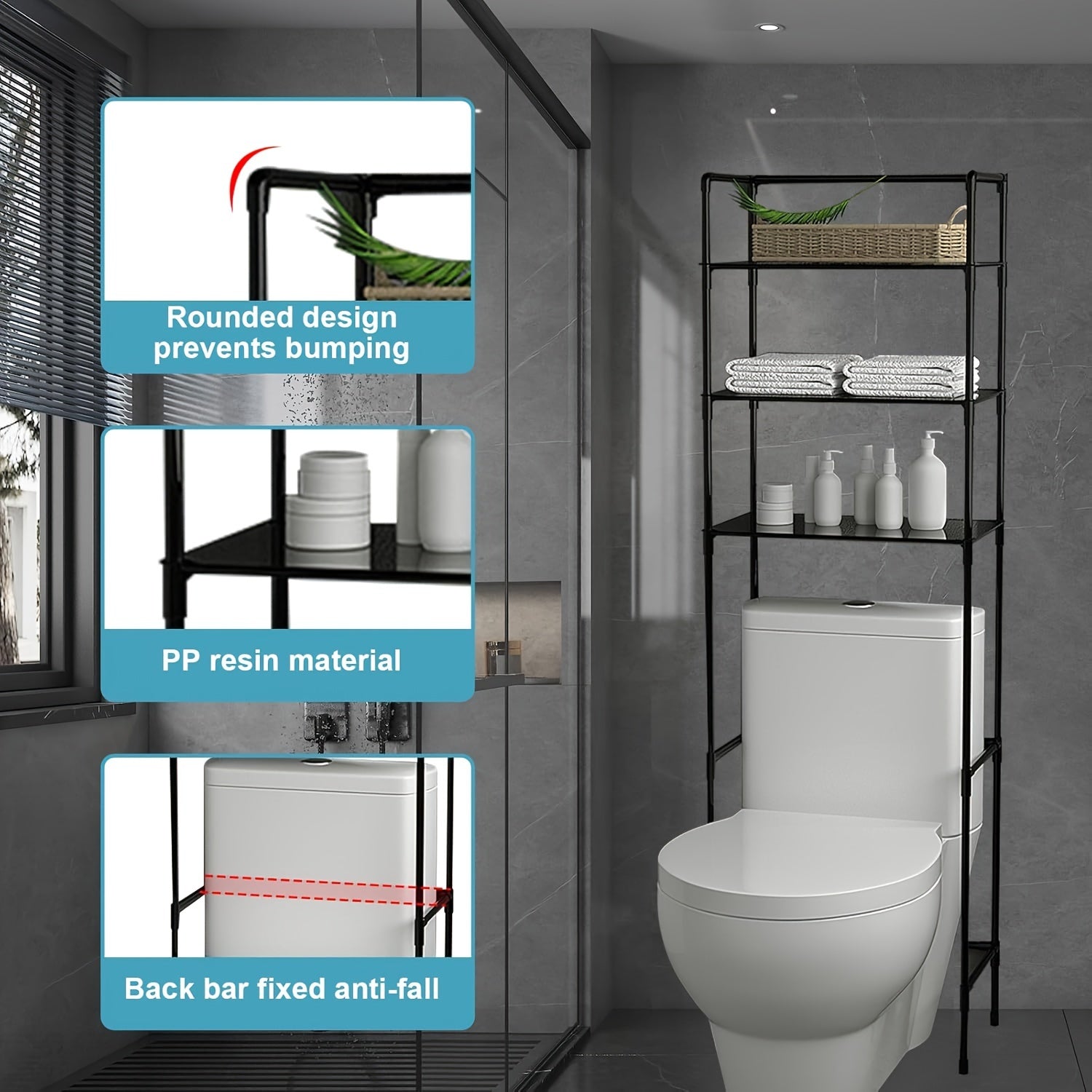 3-Tier Over-The-Toilet Bathroom Storage Rack with X-Shaped Bar, 1pc Cast Iron Recessed Shelf, Space-Saving Bathroom Organizer, Easy Assembly, 9.45" D x 25.59" W x 65.35" H