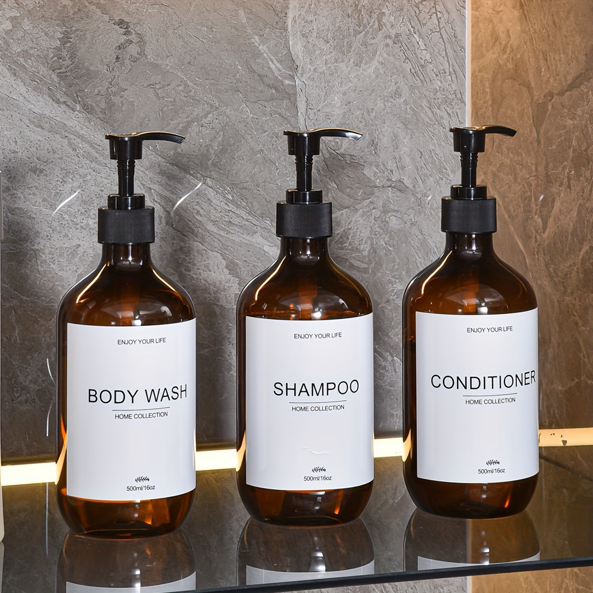 3pcs 500ml Refillable Shampoo Bottle Set, Pump Conditioner Bottles, Bathroom Shower Dispenser, Empty