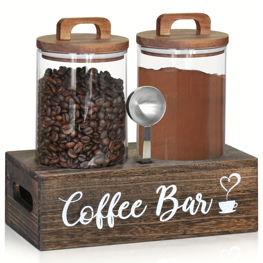 Glass Storage Jars with Spoon, Glass Coffee Bean Storage Containers, Airtight Sealed Jar Canisters Bamboo Lids with Scoop for Coffee Bean, Ground Coffee, Brown Sugar, Nuts, Loose Tea