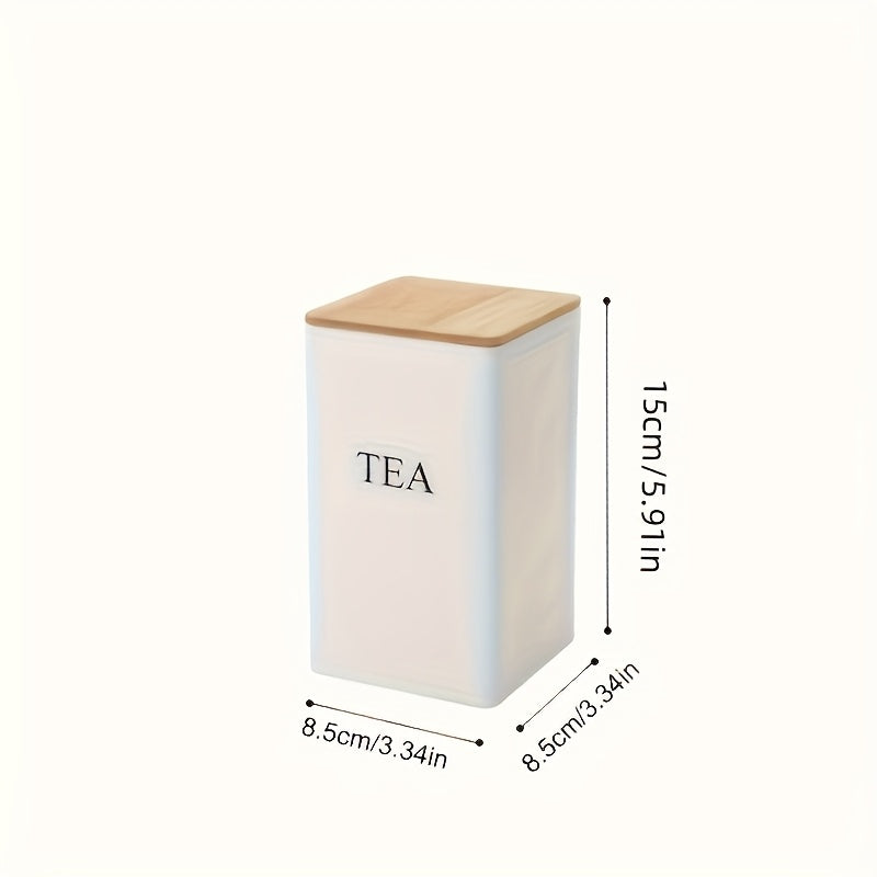 Set of 3 Cast Iron Kitchen Canisters with Wooden Lids - Engraved Label Storage Containers for Tea, Coffee, Sugar - Washable and Uncharged Metal Dispensers for Office and Dining, White Metal