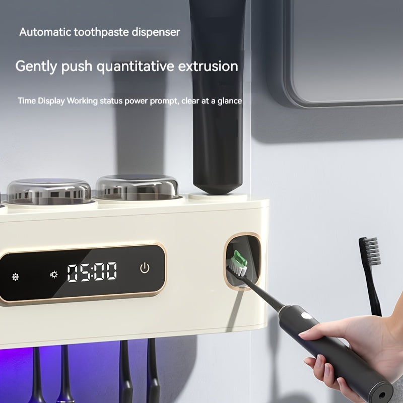 1pc Smart Sterilization Toothbrush Holder, With Gargle Cup & Double Toothpaste Dispenser, Wall Mounted Toothbrush Storage Rack, Multi-functional Toothbrush Storage Organizer, Electric Toothbrushes Hanging Holder Sanitizer, Ba