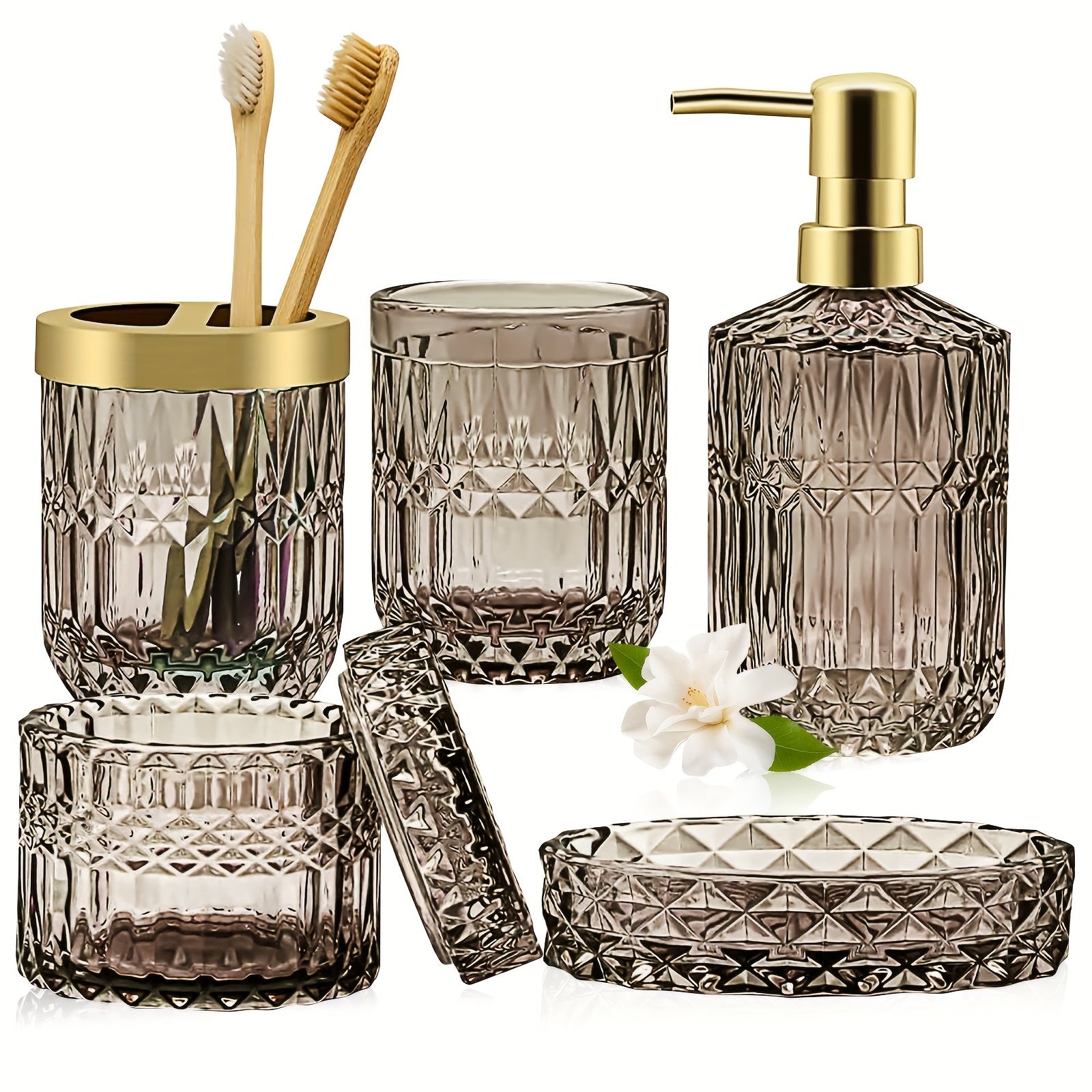 5pcs/set Light Luxury Bathroom Accessory Set, Tumbler, Cotton Swab Jars, Soap Dish, Soap Dispenser And Toothbrush Holder Set, Retro-Modern Bathroom Decor Sets, Great Gift Set For Holiday