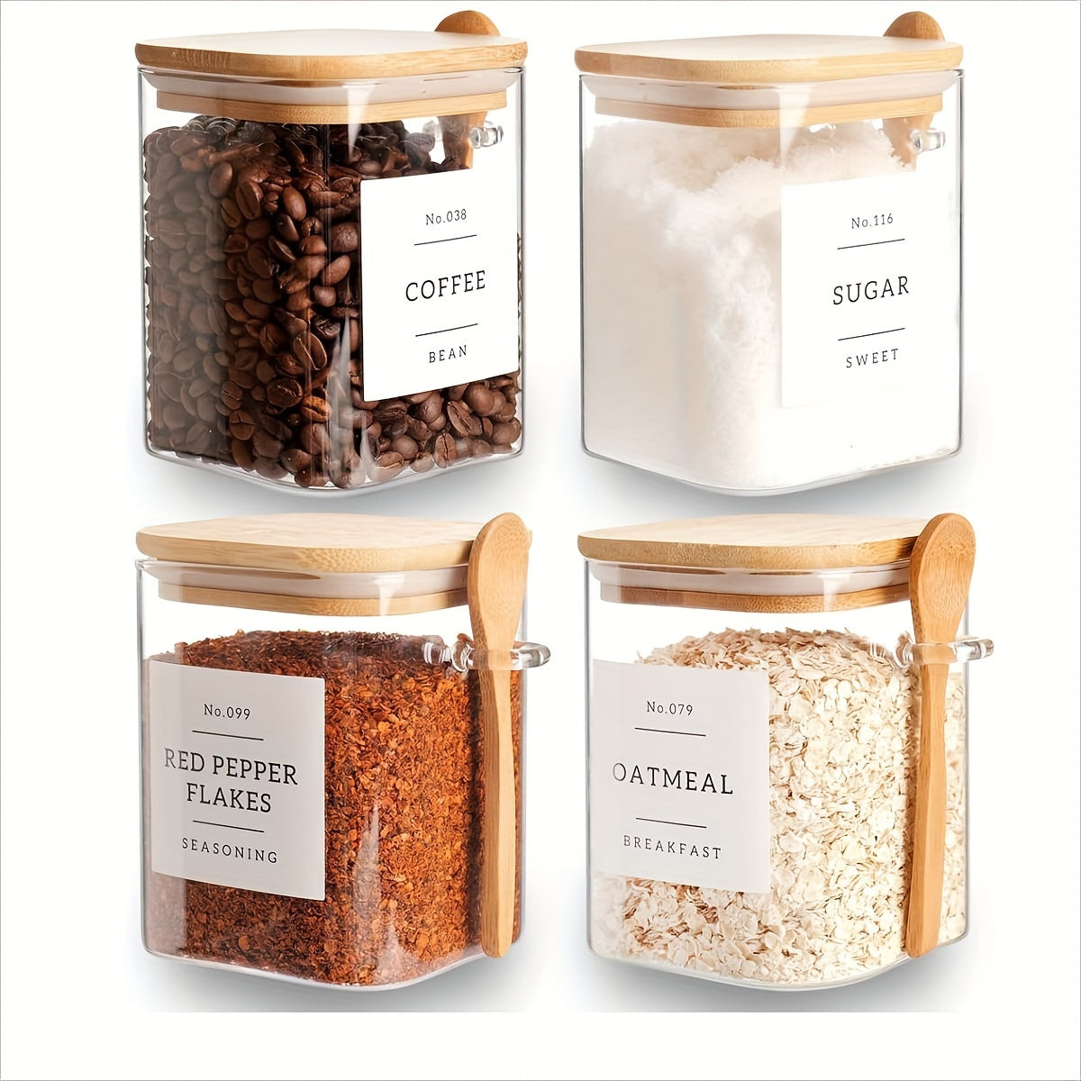 4 piece Square Glass Jar With Bamboo Lid And Spoon