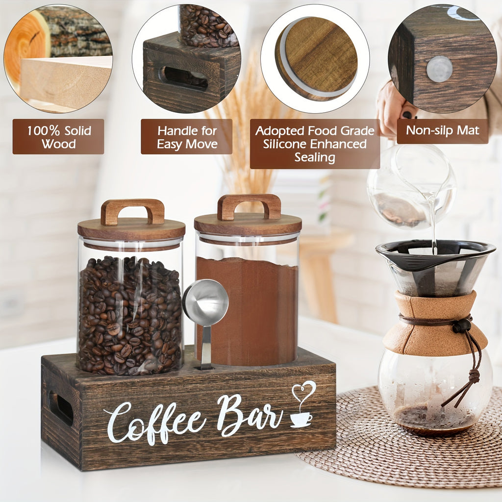 Glass Storage Jars with Spoon, Glass Coffee Bean Storage Containers, Airtight Sealed Jar Canisters Bamboo Lids with Scoop for Coffee Bean, Ground Coffee, Brown Sugar, Nuts, Loose Tea