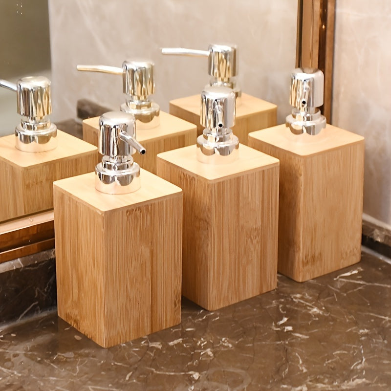 Eco-Friendly Bamboo Lotion Dispenser Set: Includes Shampoo, Bath Gel, Hand Sanitizer, and Press Type Sub Bottles for Organized Bathroom Storage