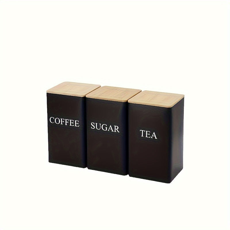 Set of 3 Cast Iron Kitchen Canisters with Wooden Lids - Engraved Label Storage Containers for Tea, Coffee, Sugar - Washable and Uncharged Metal Dispensers for Office and Dining, White Metal