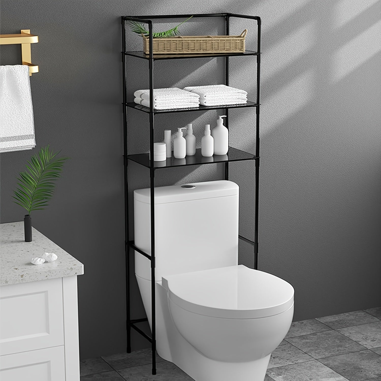 3-Tier Over-The-Toilet Bathroom Storage Rack with X-Shaped Bar, 1pc Cast Iron Recessed Shelf, Space-Saving Bathroom Organizer, Easy Assembly, 9.45" D x 25.59" W x 65.35" H