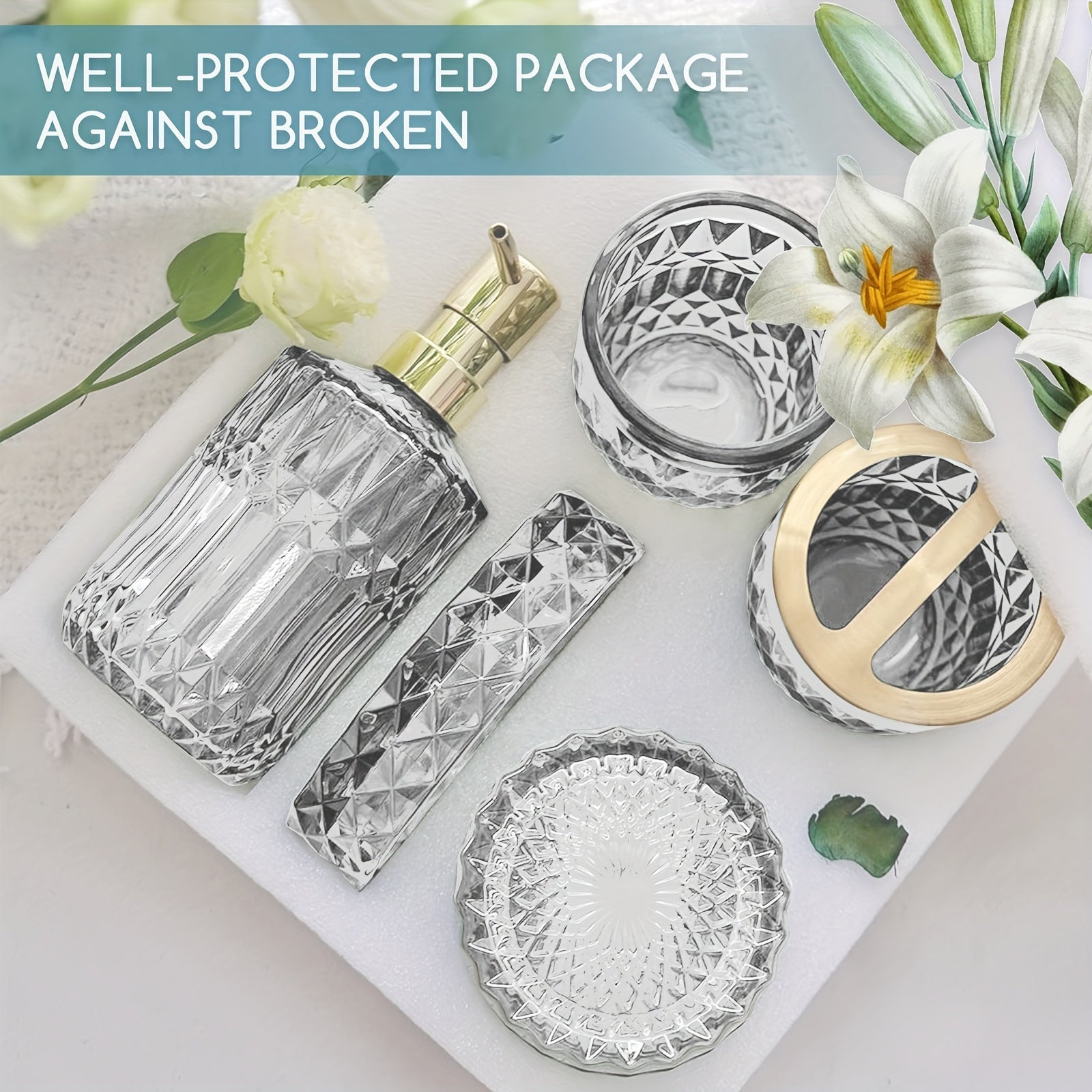 5pcs/set Light Luxury Bathroom Accessory Set, Tumbler, Cotton Swab Jars, Soap Dish, Soap Dispenser And Toothbrush Holder Set, Retro-Modern Bathroom Decor Sets, Great Gift Set For Holiday