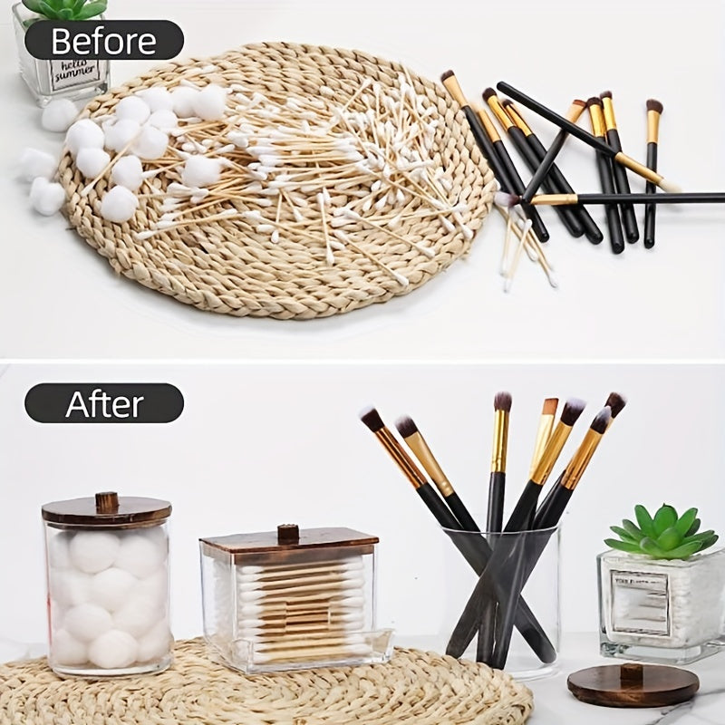 1/3pcs 10/7 OZ Swabs Dispenser - Swabs Holder Bathroom Container With Apothecary Jar Organizer - Brown Wood Lids For Easy Storage