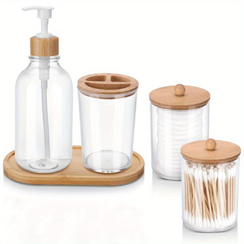 5pcs/set Bamboo Bathroom Accessories, Toothbrush Holder, Soap Dispenser, Bamboo Tray, 2 Plastic Swab Medicine Jars With Lid, Household Storage Organizer For Bathroom, Office, Desktop, Home, Dorm