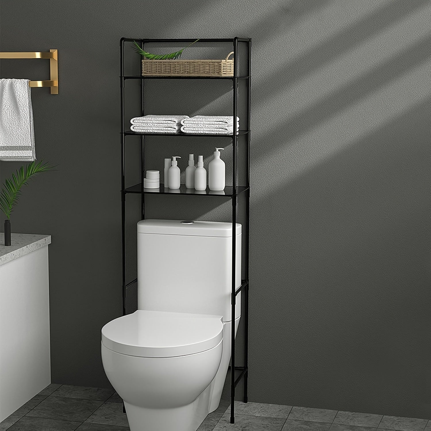 3-Tier Over-The-Toilet Bathroom Storage Rack with X-Shaped Bar, 1pc Cast Iron Recessed Shelf, Space-Saving Bathroom Organizer, Easy Assembly, 9.45" D x 25.59" W x 65.35" H