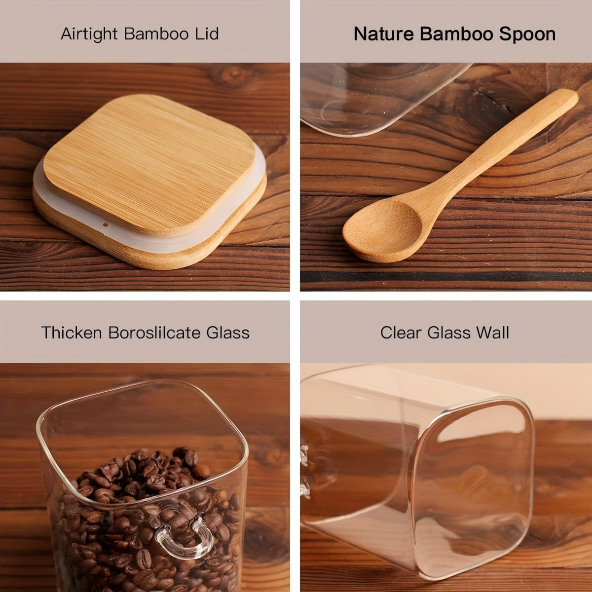 4 piece Square Glass Jar With Bamboo Lid And Spoon