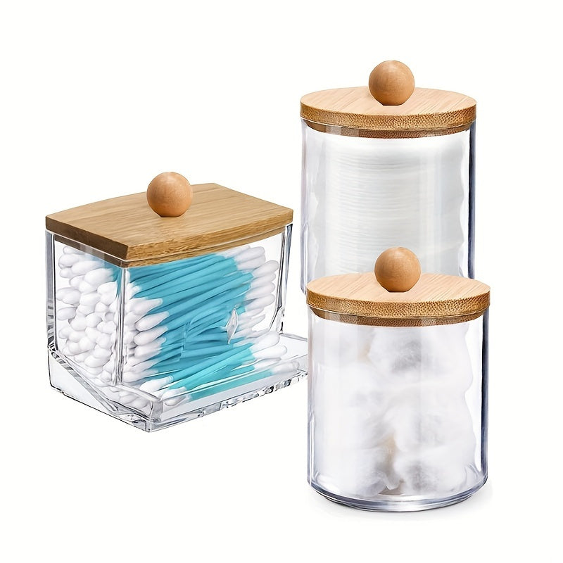 1/3pcs 10/7 OZ Swabs Dispenser - Swabs Holder Bathroom Container With Apothecary Jar Organizer - Brown Wood Lids For Easy Storage