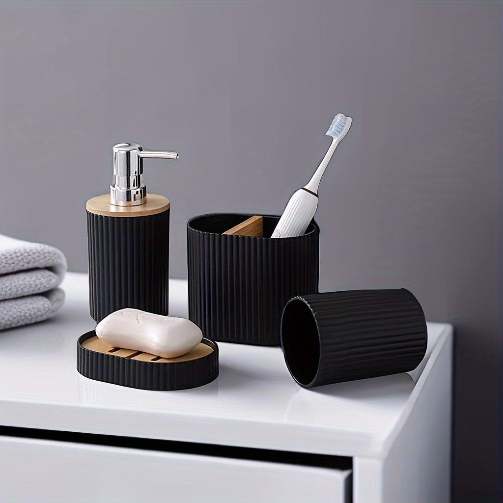 4pc Luxury Bathroom Accessory Set - Stylish Black/White with Bamboo Accents - Includes Sleek Soap Dispenser, Durable Dish, Chic Mouthwash Cup, & Organized Toothbrush Holder