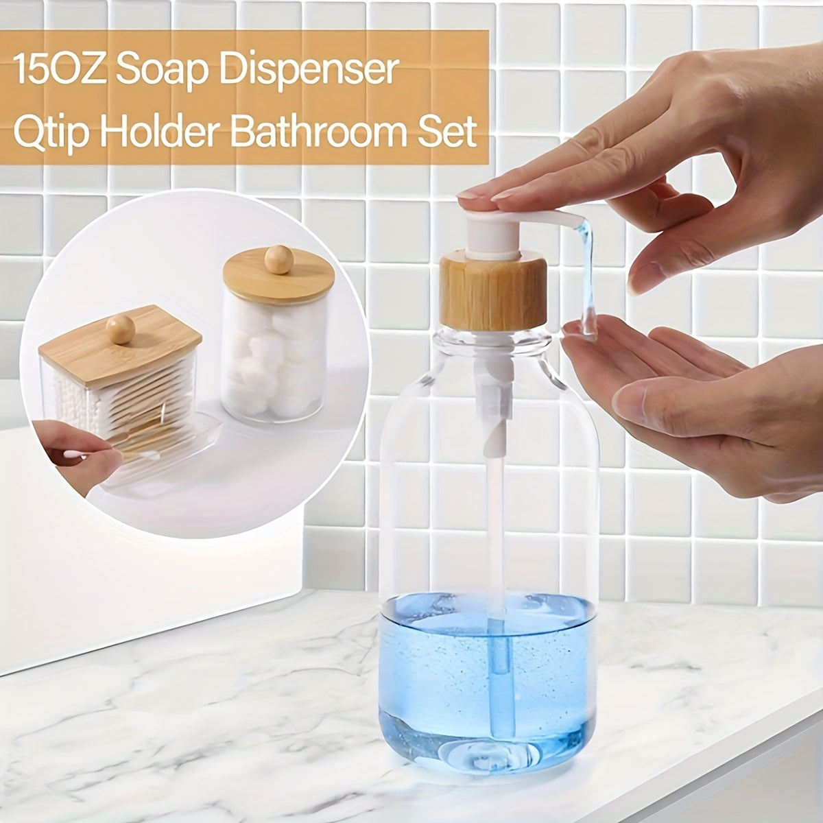 4pcs Bamboo Bathroom Accessory Set, Plastic Bath Soap Dispenser, Toothbrush Holder, Ball & Pad Organizer, Boho Style Countertop Decor Kit
