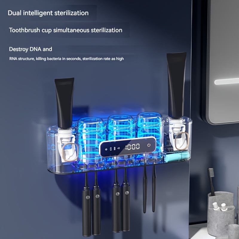 1pc Smart Sterilization Toothbrush Holder, With Gargle Cup & Double Toothpaste Dispenser, Wall Mounted Toothbrush Storage Rack, Multi-functional Toothbrush Storage Organizer, Electric Toothbrushes Hanging Holder Sanitizer, Ba