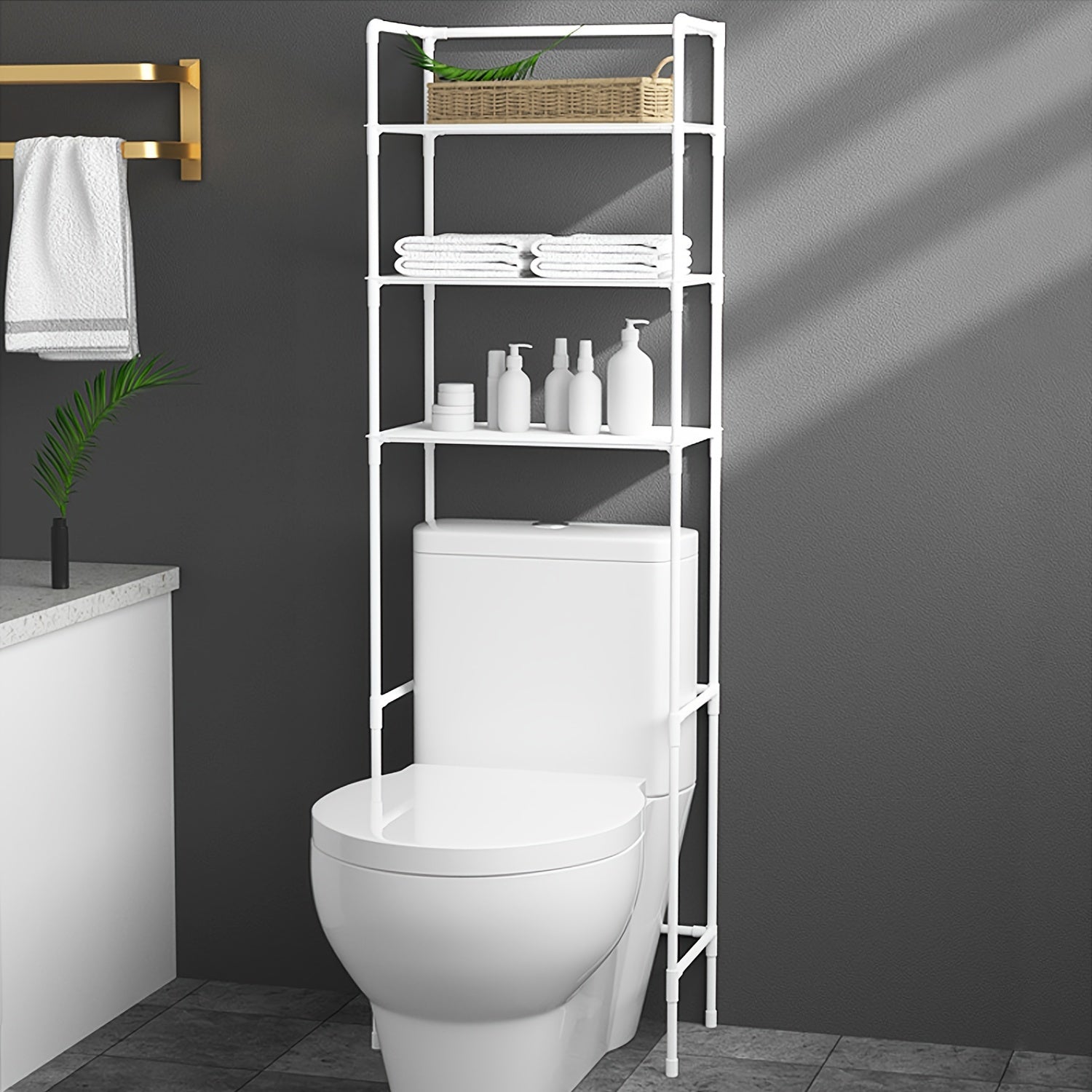 3-Tier Over-The-Toilet Bathroom Storage Rack with X-Shaped Bar, 1pc Cast Iron Recessed Shelf, Space-Saving Bathroom Organizer, Easy Assembly, 9.45" D x 25.59" W x 65.35" H