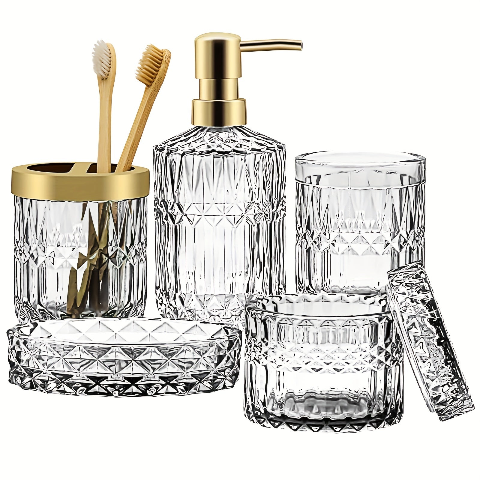 5pcs/set Light Luxury Bathroom Accessory Set, Tumbler, Cotton Swab Jars, Soap Dish, Soap Dispenser And Toothbrush Holder Set, Retro-Modern Bathroom Decor Sets, Great Gift Set For Holiday