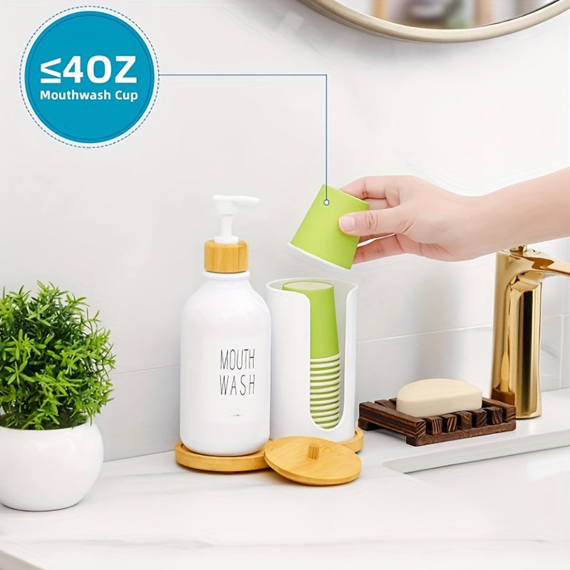 Mouthwash Dispenser For Bathroom, Mouth Wash Pump Bottle With Paper Cup Holder, 17Oz Refillable White Mouthwash Container With Bamboo Lid/Tray/Label