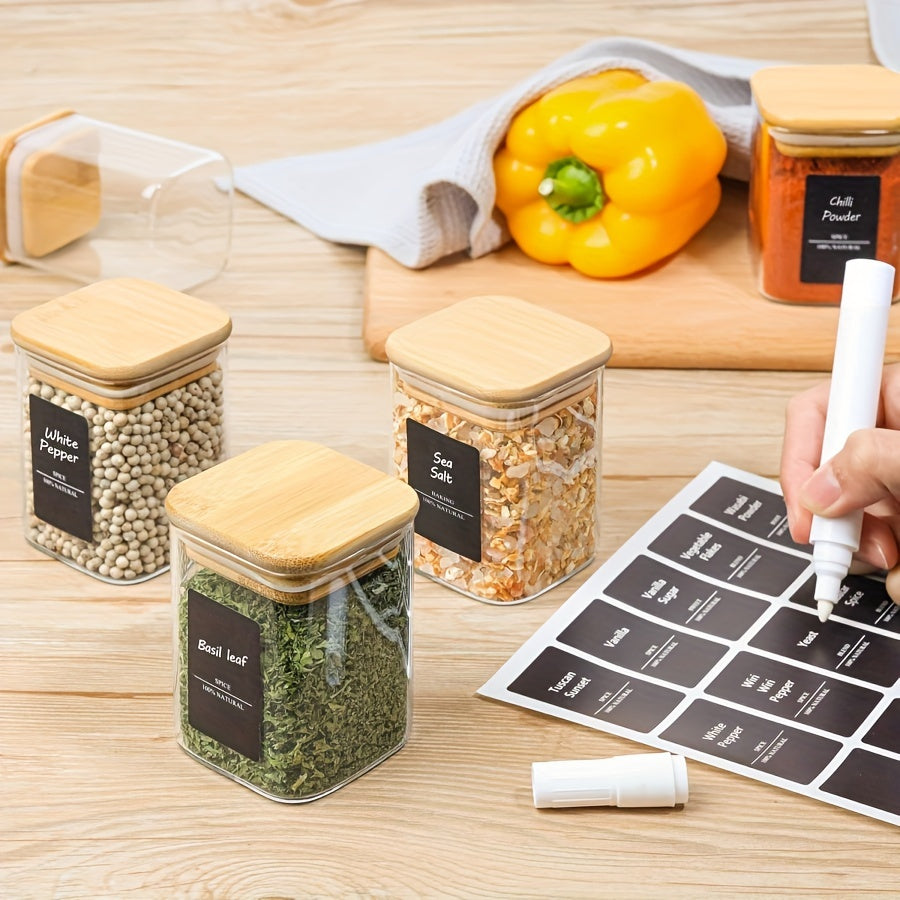 12pcs Square Glass Spice Jars with Bamboo Lids