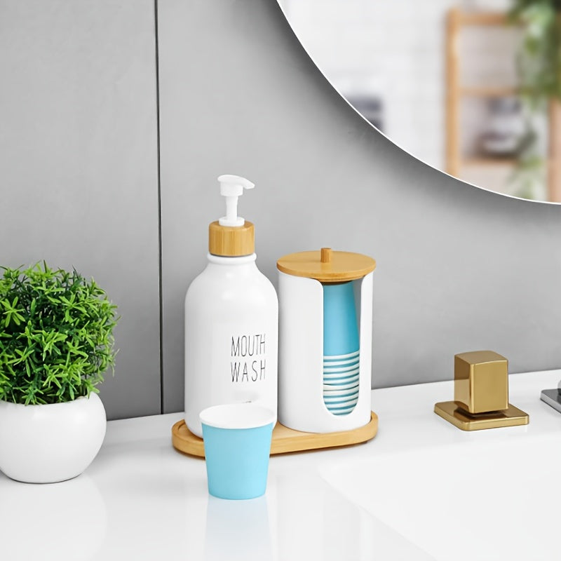 Mouthwash Dispenser For Bathroom, Mouth Wash Pump Bottle With Paper Cup Holder, 17Oz Refillable White Mouthwash Container With Bamboo Lid/Tray/Label