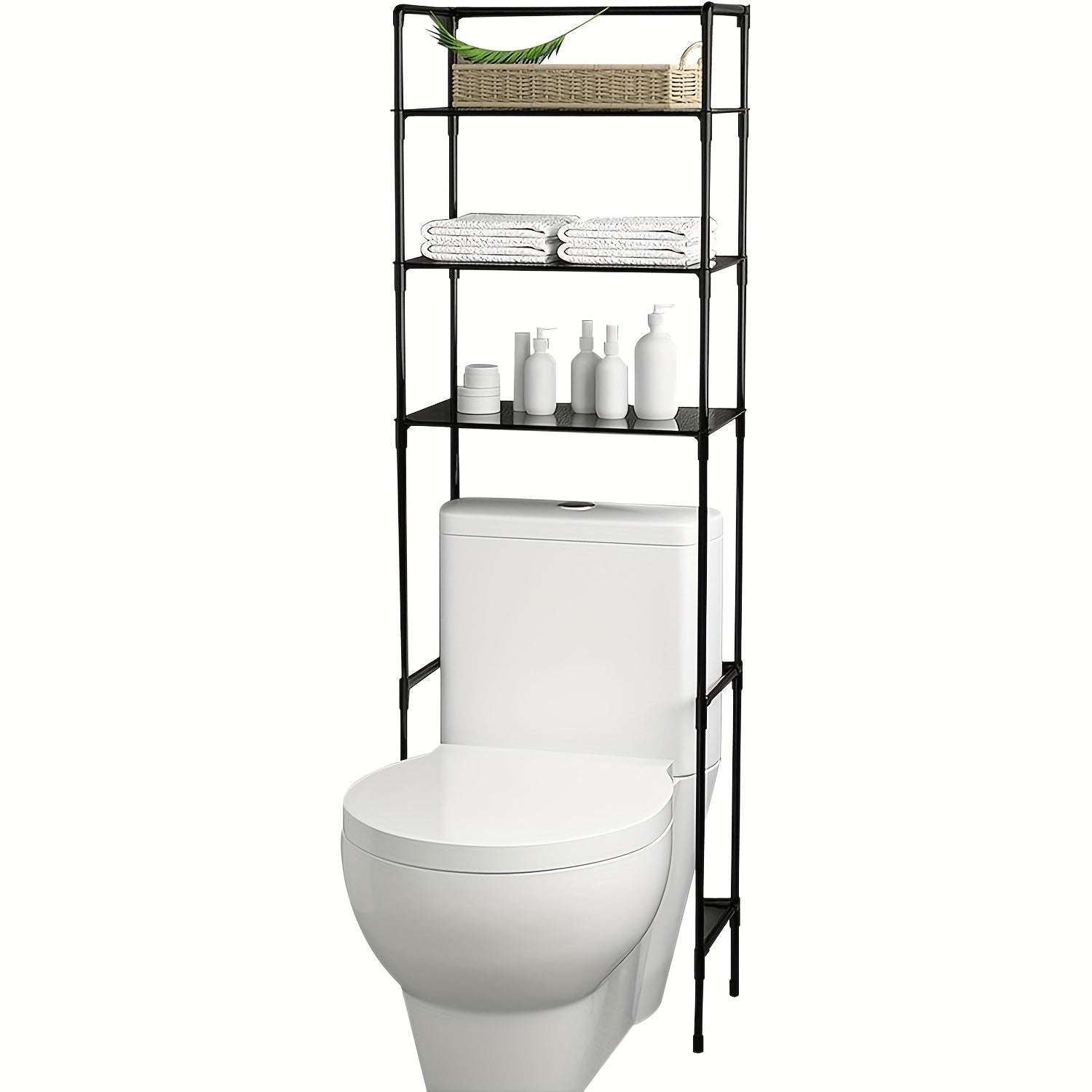 3-Tier Over-The-Toilet Bathroom Storage Rack with X-Shaped Bar, 1pc Cast Iron Recessed Shelf, Space-Saving Bathroom Organizer, Easy Assembly, 9.45" D x 25.59" W x 65.35" H