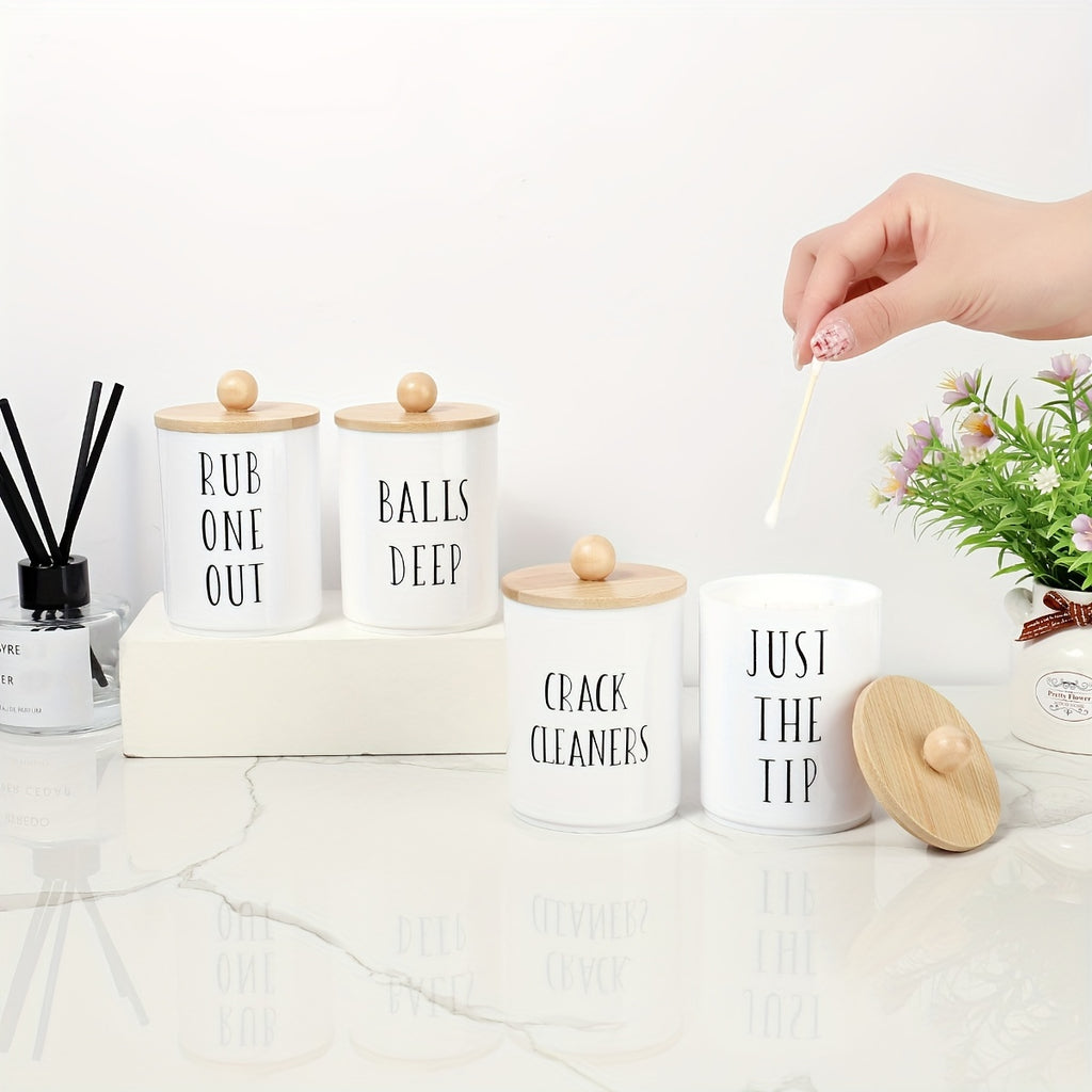 [4pcs Boho Chic Swab Holder Set] 4pcs Boho Chic Swab Holder Set with Lids - 10oz White Plastic Canisters for Bathroom Organization, Perfect for Swabs, Balls, Pads & Floss, Storage Accessories, Vanity Essential Containers