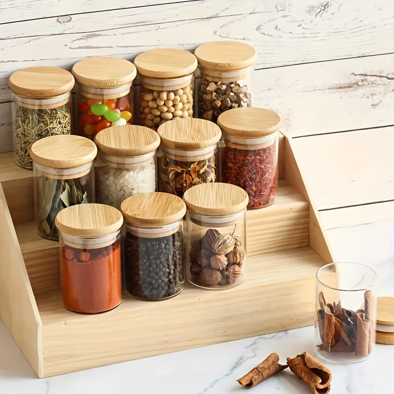 12 Pcs Transparent Glass Spice Containers With Wooden Lids