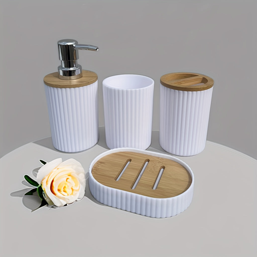 4pc Luxury Bathroom Accessory Set - Stylish Black/White with Bamboo Accents - Includes Sleek Soap Dispenser, Durable Dish, Chic Mouthwash Cup, & Organized Toothbrush Holder